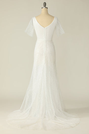 Robe de mariée en dentelle à col V blanc